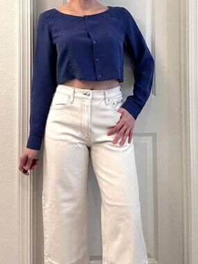 Eileen Fisher 100% Silk Long Sleeve Crop Top size XS (fit like M) Royal Purple